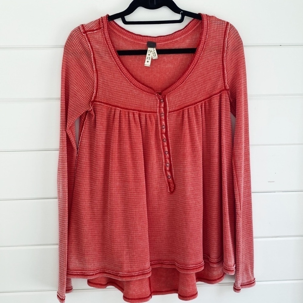 Free People | Salmon Pink Henley Top Waffle Knit Material Comfortable Cozy Soft
